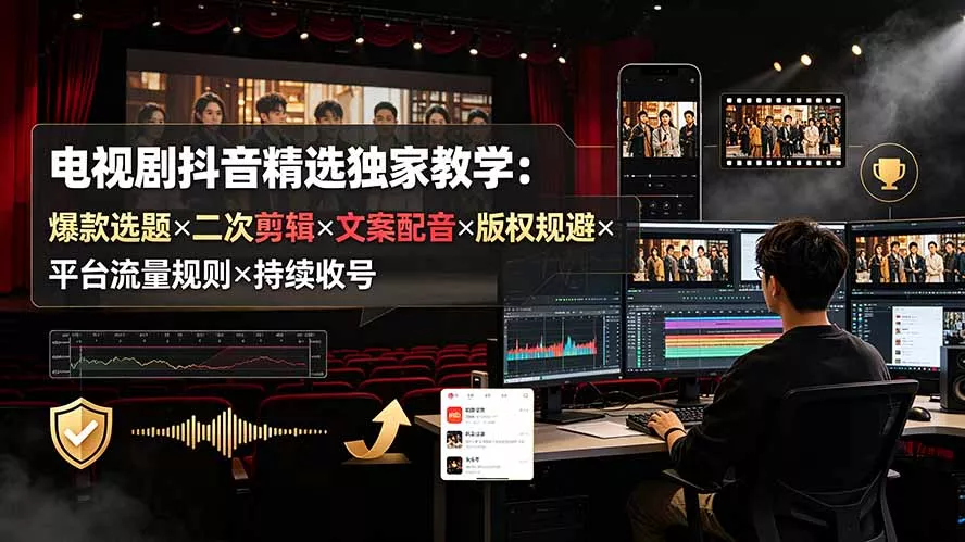 电视剧抖音精选独家教学：爆款选题×二次剪辑×文案配音×版权规避×平台流量规则×持续收益账号-易创网
