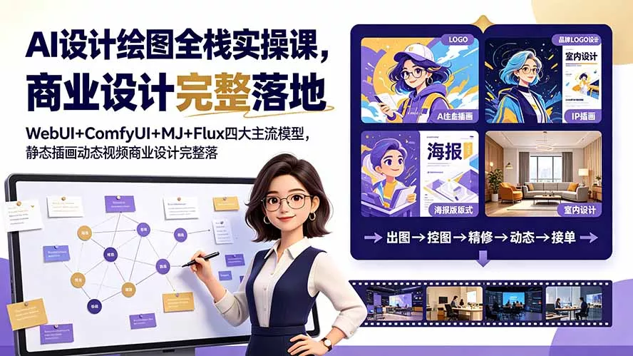 AI设计绘图全栈实操课，WebUI+ComfyUI+MJ+Flux四大主流模型，静态插画动态视频商业设计完整落地教程-易创网