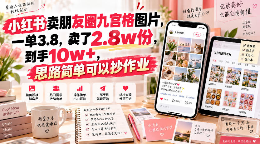 小红书卖朋友圈九宫格图片，一单3.8，卖了2.8w份，到手10w+，思路简单可以抄作业-易创网