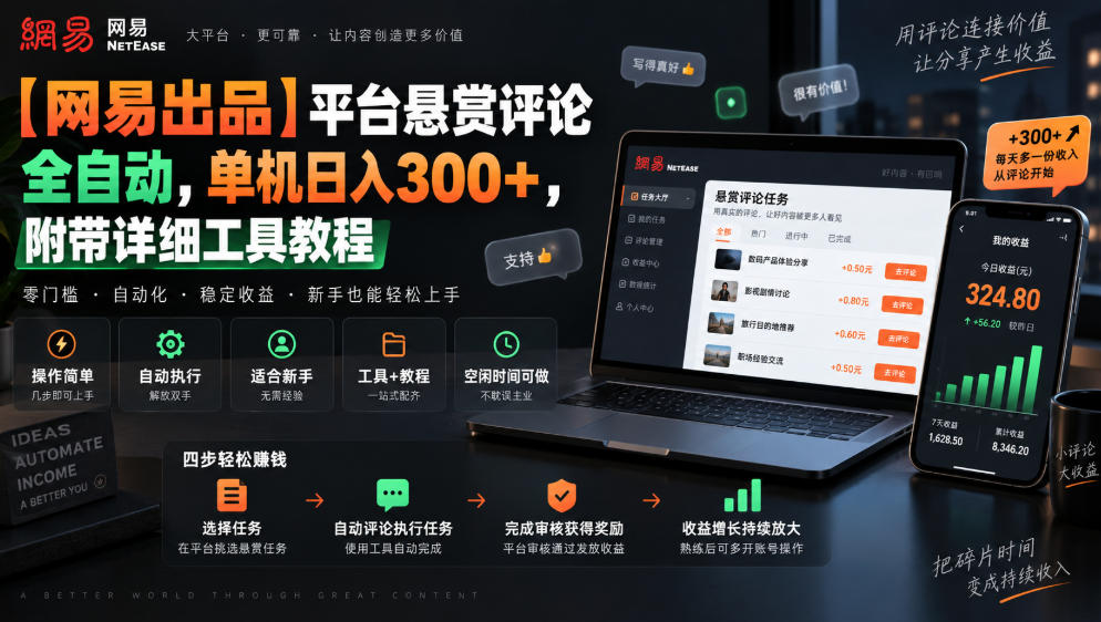 【网易出品】平台悬赏评论全自动，单机日入300+，附带详细工具教程【揭秘】-易创网