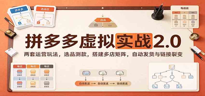 拼多多虚拟实战2.0：两套运营玩法，选品测款，搭建多店矩阵，自动发货与链接裂变-易创网