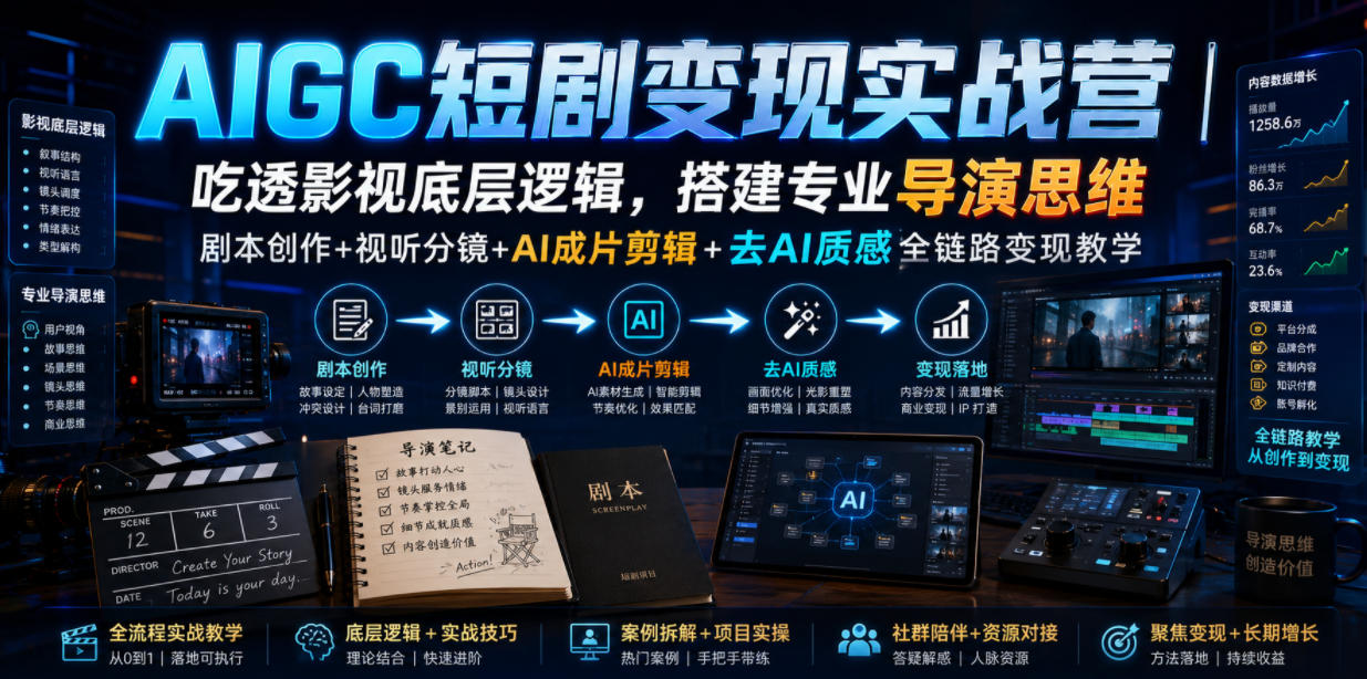 AIGC短剧变现实战营｜吃透影视底层逻辑，搭建专业导演思维，剧本创作+视听分镜+AI成片剪辑+去AI质感全链路变现教学-易创网