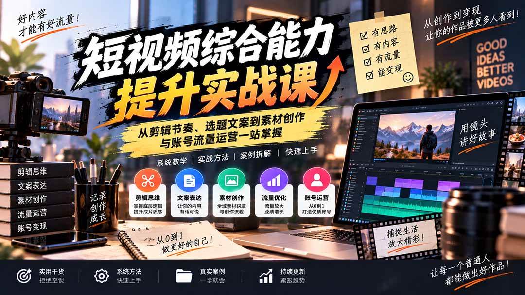 （20599期）短视频综合能力提升实战课：从剪辑节奏、选题文案到素材创作与账号流量运营一站掌握-易创网