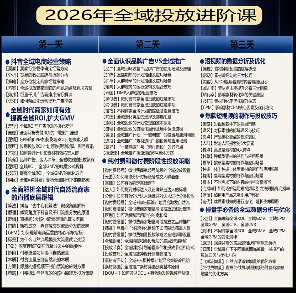 千川扫地僧2026抖音全域投放进阶课，少走弯路·快速起量·掌控增长，6月12-14号杭州线下课-易创网