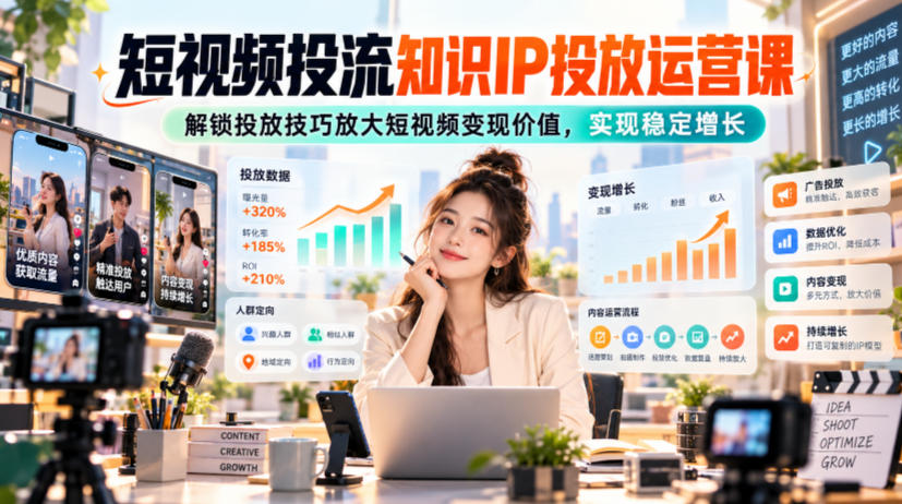 短视频投流知识IP投放运营课，解锁投放技巧放大短视频变现价值，实现稳定增长-易创网