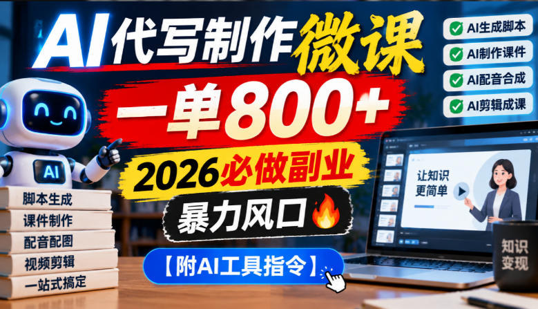 AI代写制作微课，一单800+，2026必做副业，暴力风口【附AI工具指令】【揭秘】-易创网