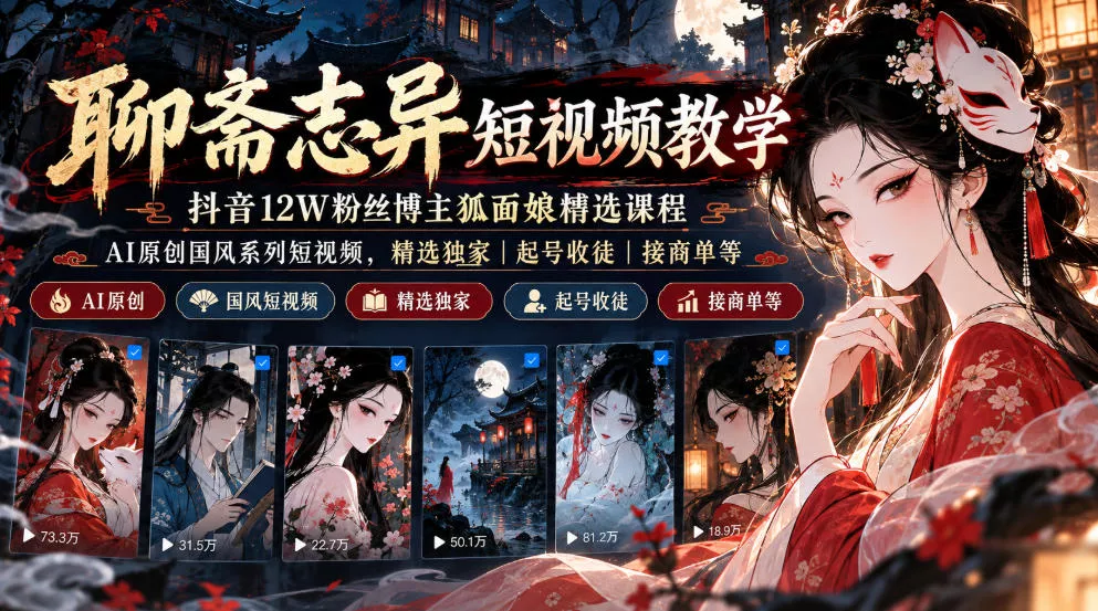 聊斋志异短视频教学，抖音12W粉丝博主狐面娘精选课程，AI原创国风系列短视频，精选独家丨起号收徒丨接商单等-易创网