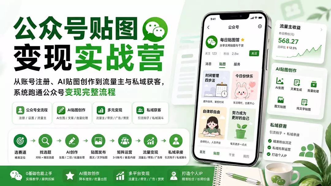 公众号贴图变现实战营：从账号注册、AI贴图创作到流量主与私域获客，系统跑通公众号变现完整流程-易创网