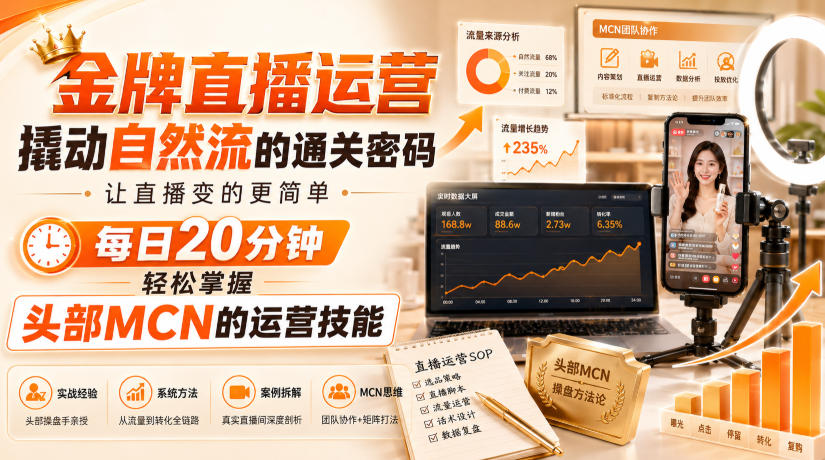 金牌直播运营撬动自然流的通关密码，让直播变的更简单，每日20分钟，轻松掌握头部MCN的运营技能-易创网