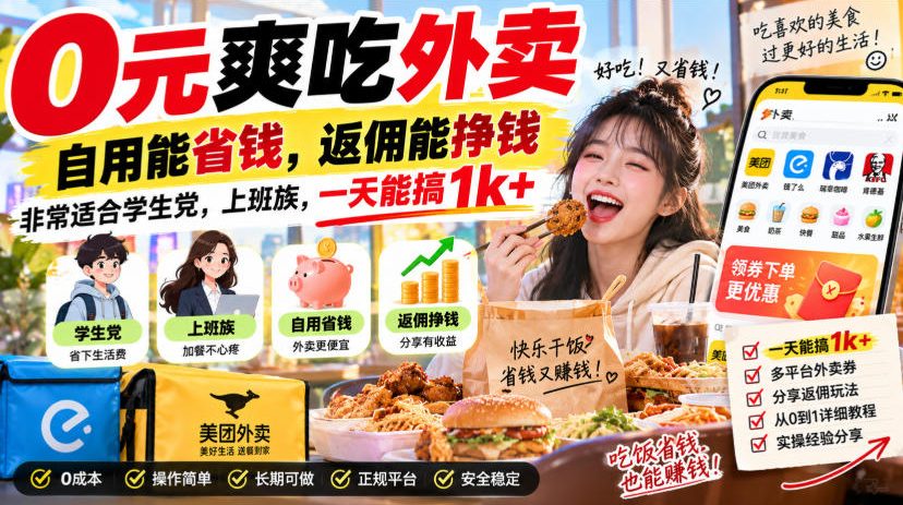 0元爽吃外卖，自用能省钱，返佣能挣钱，非常适合学生党，上班族，一天能搞1k+-易创网