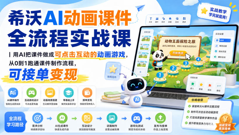 希沃AI动画课件全流程实战课｜用AI把课件做成可点击互动的动画游戏，从0到1跑通课件制作流程，可接单变现-易创网