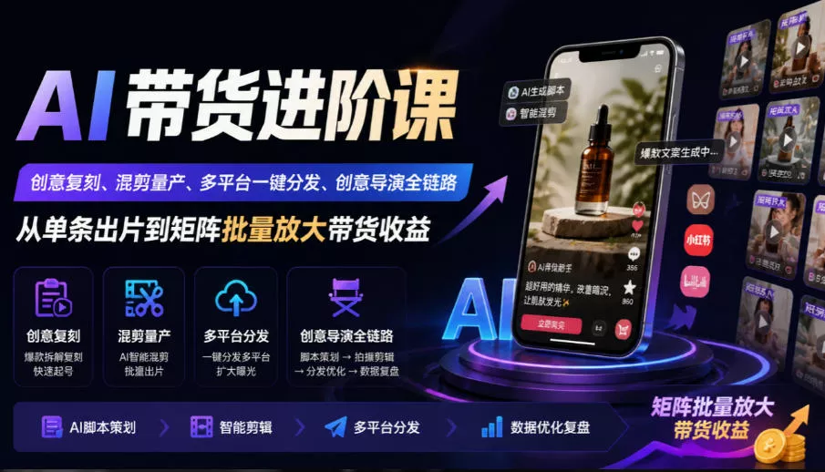 AI带货进阶课｜创意复刻、混剪量产、多平台一键分发、创意导演全链路，从单条出片到矩阵批量放大带货收益-易创网
