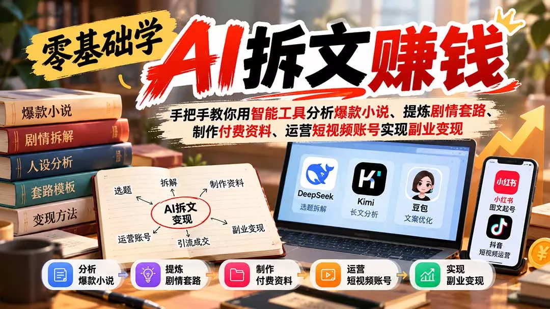 零基础学AI拆文赚钱：手把手教你用智能工具分析爆款小说、提炼剧情套路、制作付费资料、运营短视频账号实现副业变现-易创网