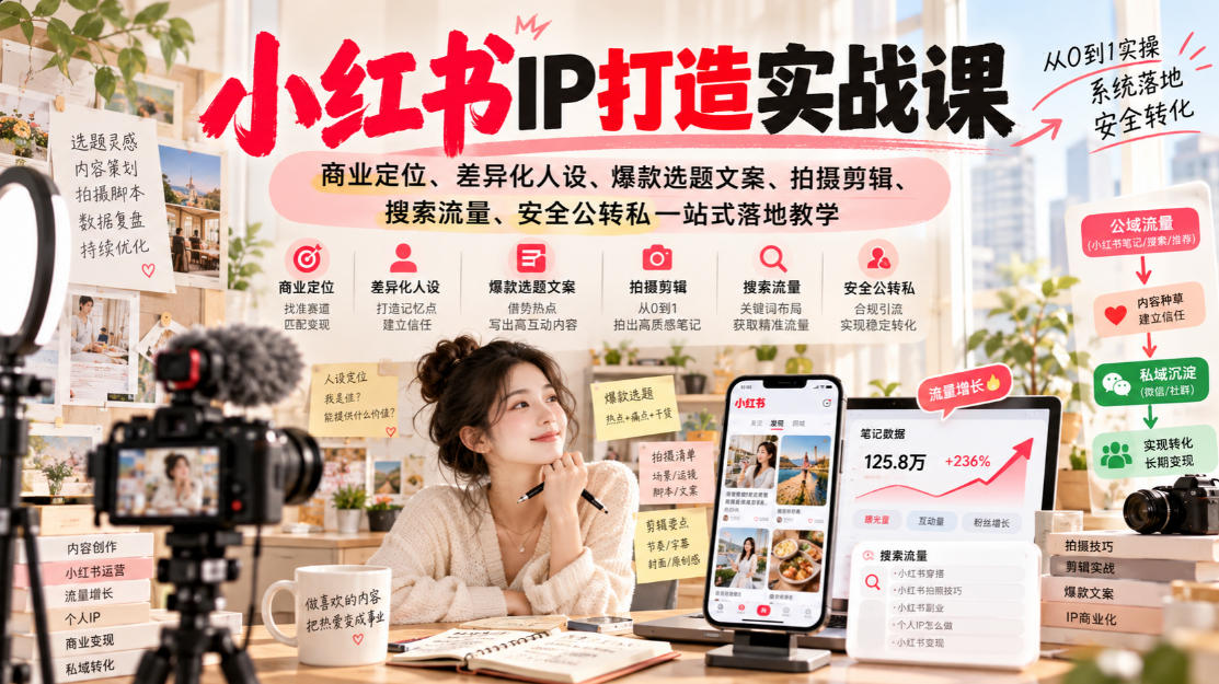 小红书ip打造实战课，商业定位、差异化人设、爆款选题文案、拍摄剪辑、搜索流量、安全公转私一站式落地教学-易创网