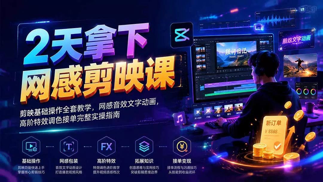 2天拿下网感剪辑课｜剪映基础操作全套教学，网感音效文字动画，高阶特效调色接单完整实操指南-易创网