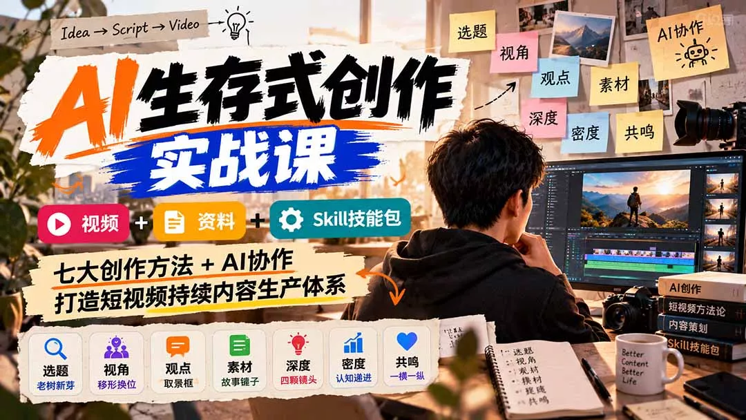 AI生存式创作实战课:视频+资料+Skill技能包,七大创作方法+AI协作,打造短视频持续内容生产体系 AI生存式创作实战课:视频+资料+Skill技能包,七大创作方法+AI协作,打造短视频持续内容生产体系