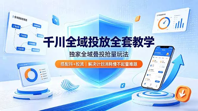 千川全域投放全套教学，独家全域叠投抢量玩法，搭配抖+投流，解决计划消耗慢不起量难题-易创网