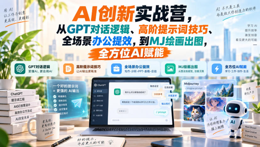 AI创新实战营，从GPT对话逻辑、高阶提示词技巧、全场景办公提效，到MJ绘画出图，全方位AI赋能-易创网