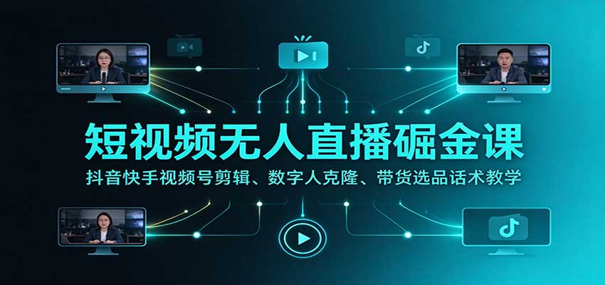 短视频无人直播掘金课：抖音快手视频号剪辑、数字人克隆、带货选品话术教学-易创网