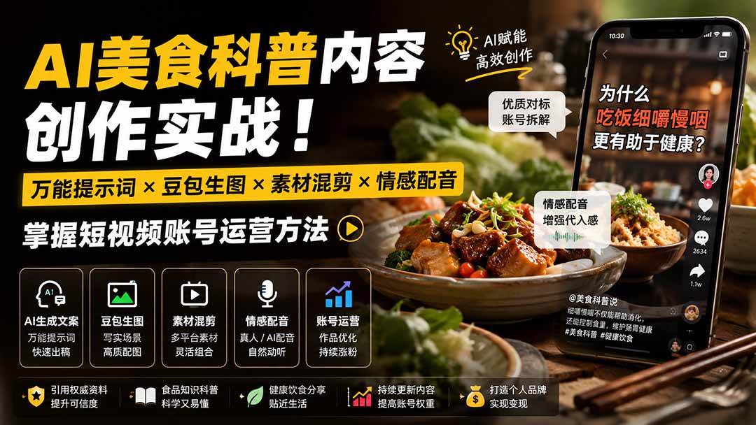（19730期）外面卖199元-AI美食科普内容创作实战！万能提示词×豆包生图×素材混剪×情感配音，掌握短视频账号运营方法-易创网