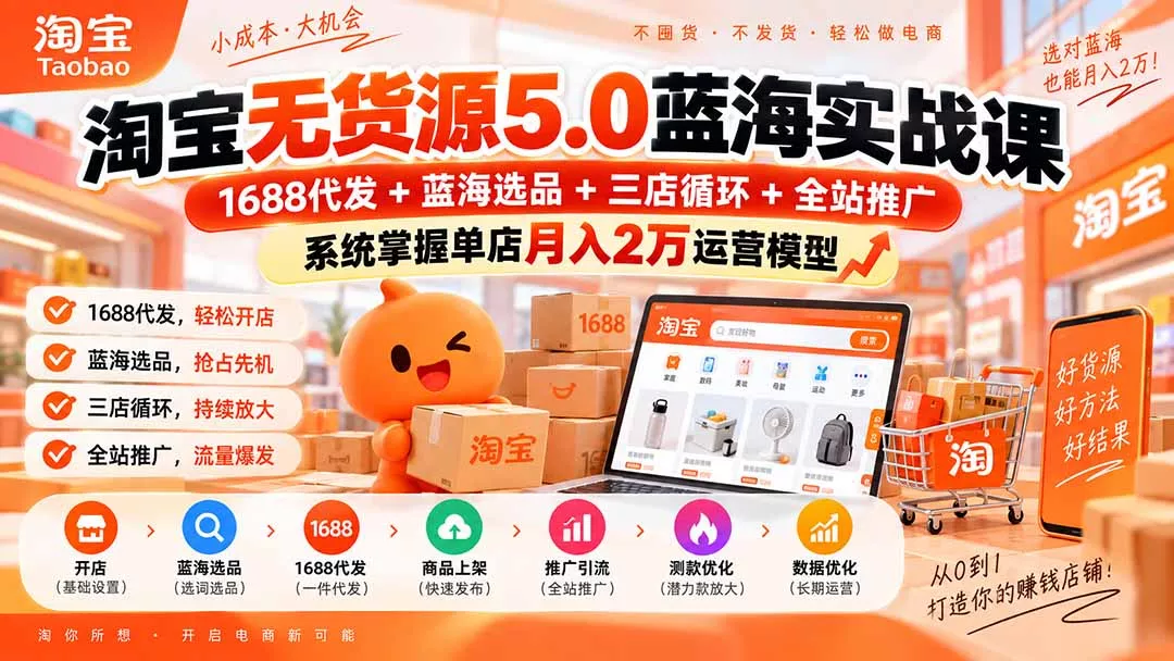 淘宝无货源5.0蓝海实战课-更新0927：1688代发+蓝海选品+三店循环+全站推广，系统掌握单店月入2万运营模型-易创网