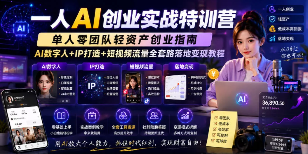 一人AI创业实战特训营，单人零团队轻资产创业指南，AI数字人+IP打造+短视频流量全套路落地变现教程-易创网