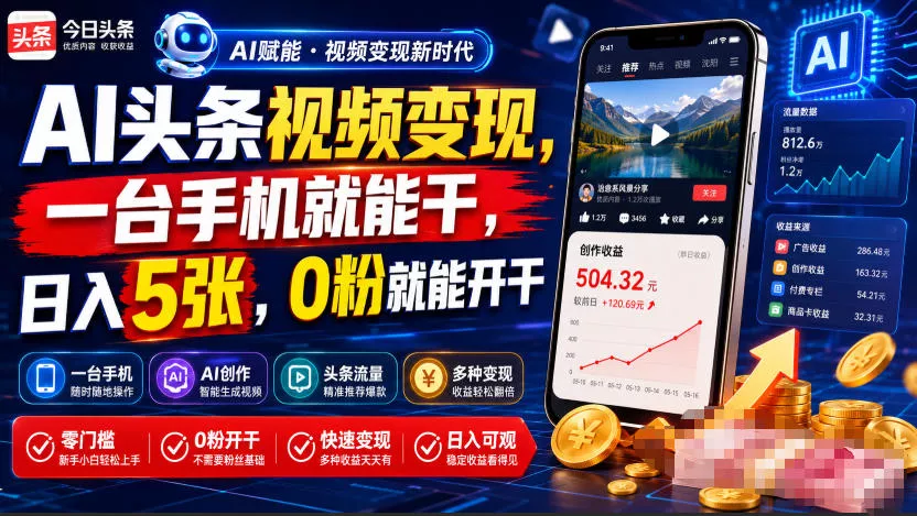AI头条视频变现，一台手机就能干，日入5张，0粉就能开干-易创网