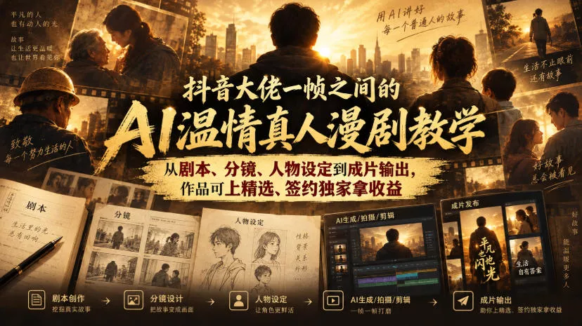 抖音大佬一帧之间的AI温情真人漫剧教学，从剧本、分镜、人物设定到成片输出，作品可上精选、签约独家拿收益-易创网