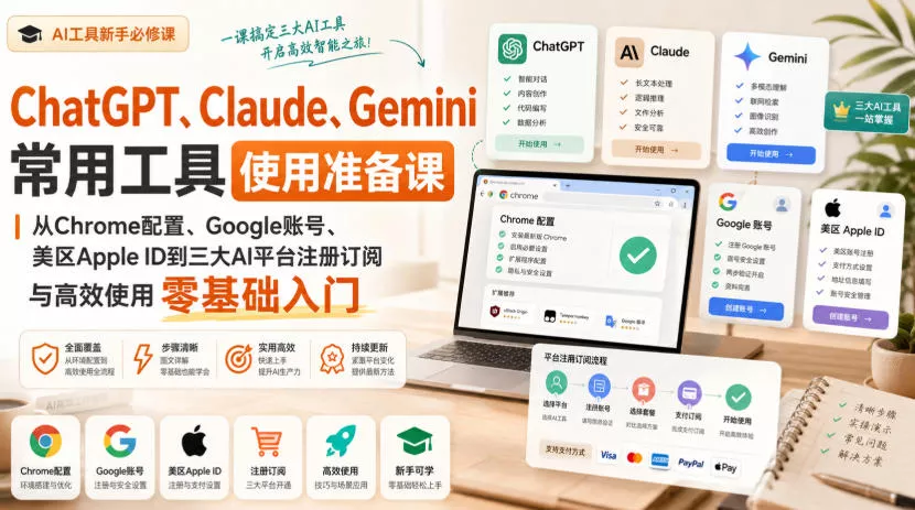 ChatGPT、Claude、Gemini常用工具使用准备课｜从Chrome配置、Google账号、美区Apple ID到三大AI平台注册订阅与高效使用零基础入门-易创网