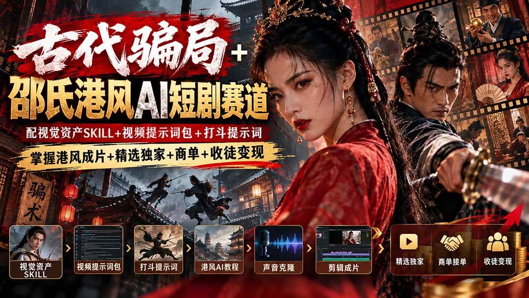 （20684期）古代骗局+邵氏港风AI短剧赛道：配视觉资产SKILL+视频提示词包+打斗提示词，掌握港风成片+精选独家+商单+收徒变现-易创网
