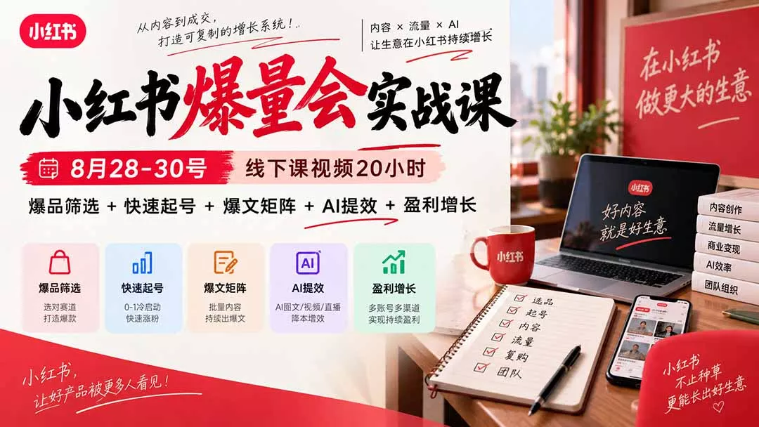 小红书爆量会实战课-更新9月23：线下课视频20小时，爆品筛选+快速起号+爆文矩阵+AI提效+盈利增长-易创网