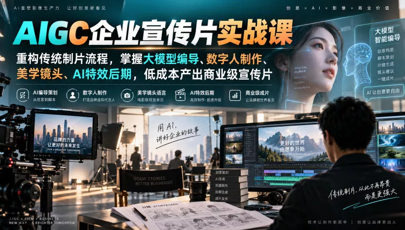 AIGC企业宣传片实战课，重构传统制片流程，掌握大模型编导、数字人制作、美学镜头、AI特效后期，低成本产出商业级宣传片-易创网