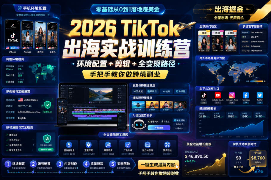 2026 TikTok出海实战训练营，环境配置 + 剪辑 + 全变现路径，手把手教你做跨境副业-易创网