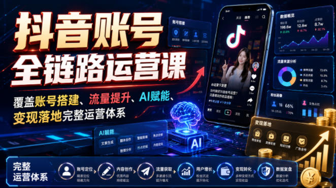 抖音账号全链路运营课，覆盖账号搭建、流量提升、AI赋能、变现落地完整运营体系-易创网