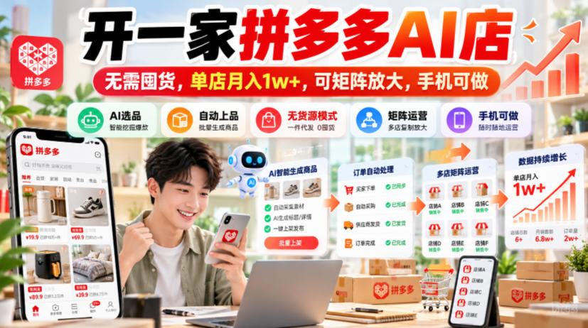 开一家拼多多AI店，无需囤货，单店月入1w+，可矩阵放大，手机可做【揭秘】-易创网