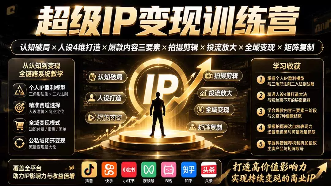 超级IP变现训练营：认知破局×人设4维打造×爆款内容三要素×拍摄剪辑×投流放大×全域变现×矩阵复制-易创网
