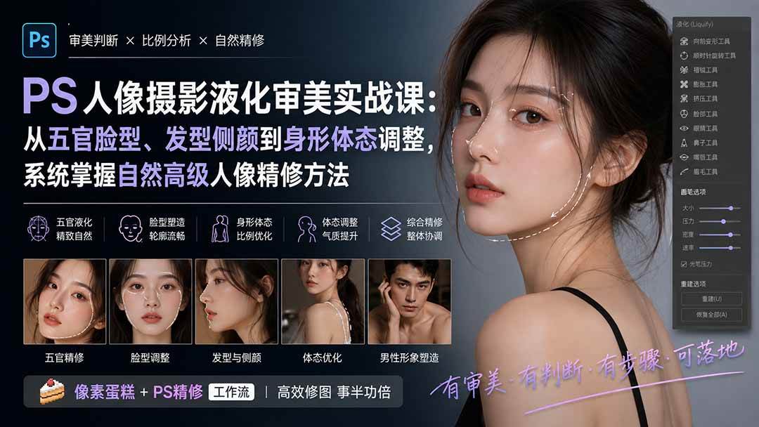 （20062期）PS人像摄影液化审美实战课：从五官脸型、发型侧颜到身形体态调整，系统掌握自然高级人像精修方法-易创网