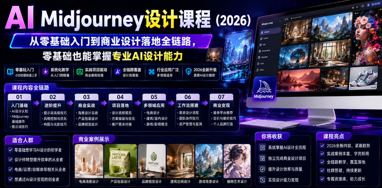 AI Midjourney设计课程（2026），从零基础入门到商业设计落地全链路，零基础也能掌握专业AI设计能力-易创网