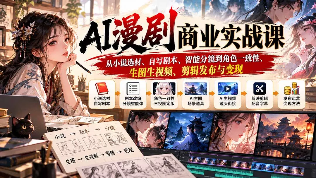 AI漫剧商业实战课：从小说选材、自写剧本、智能分镜到角色一致性、生图生视频、剪辑发布与变现-易创网