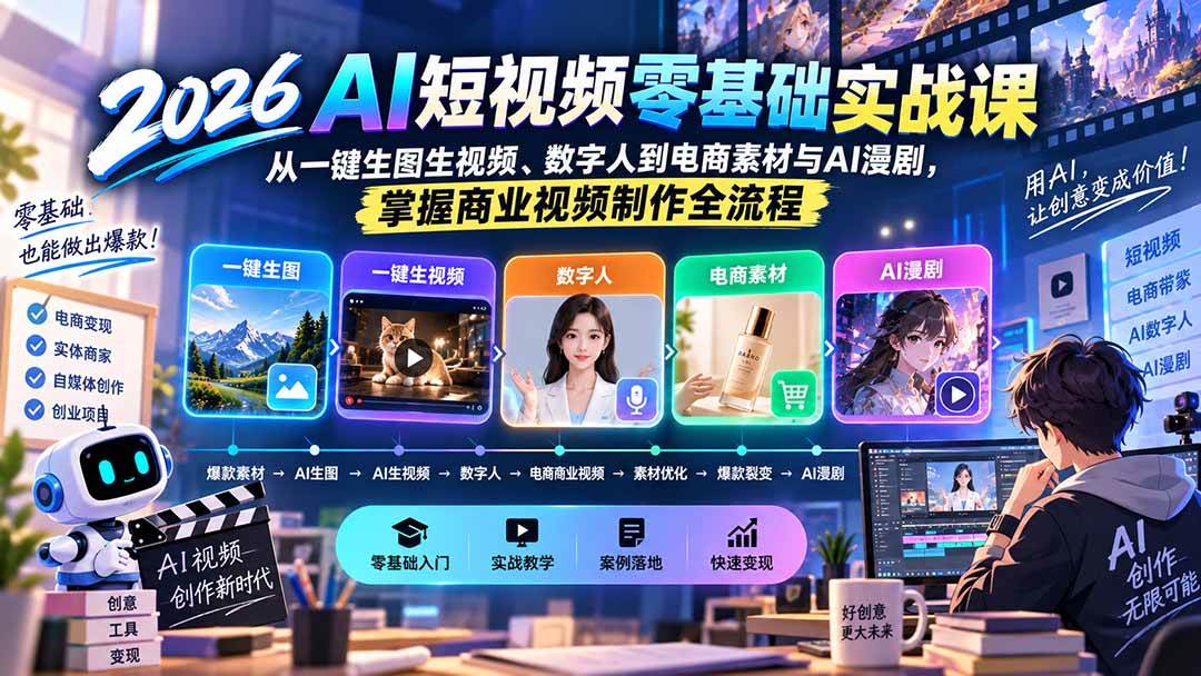 （20263期）2026AI短视频零基础实战课：从一键生图生视频、数字人到电商素材与AI漫剧，掌握商业视频制作全流程-易创网