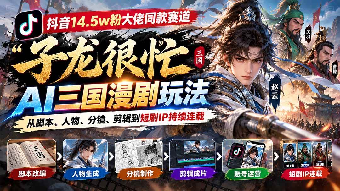 （20818期）抖音14.5w粉大佬同款赛道「子龙很忙」AI三国漫剧玩法：从脚本、人物、分镜、剪辑到短剧IP持续连载-易创网