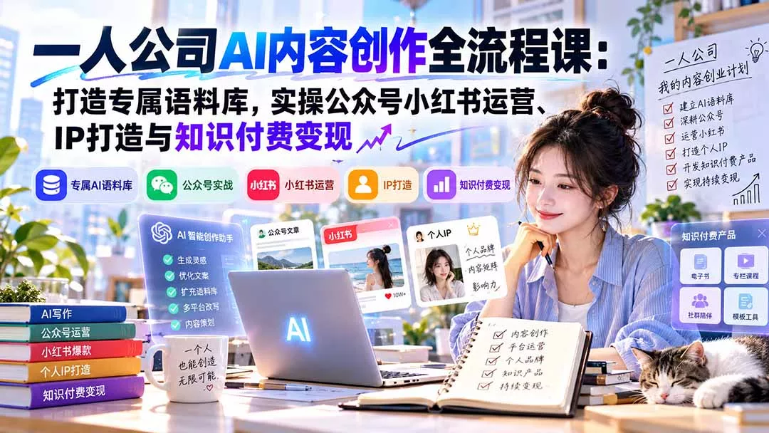 一人公司AI内容创作全流程课：打造专属语料库，实操公众号小红书运营、IP打造与知识付费变现方法论-易创网