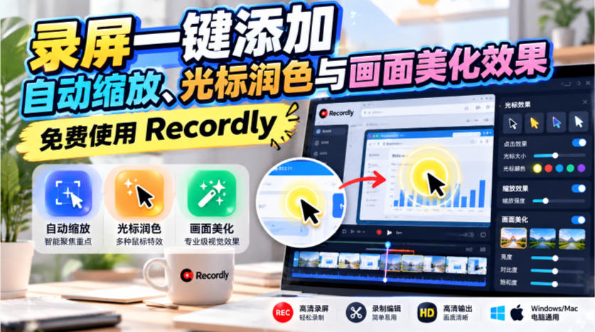 录屏一键添加自动缩放、光标润色与画面美化效果，免费使用Recordly-易创网