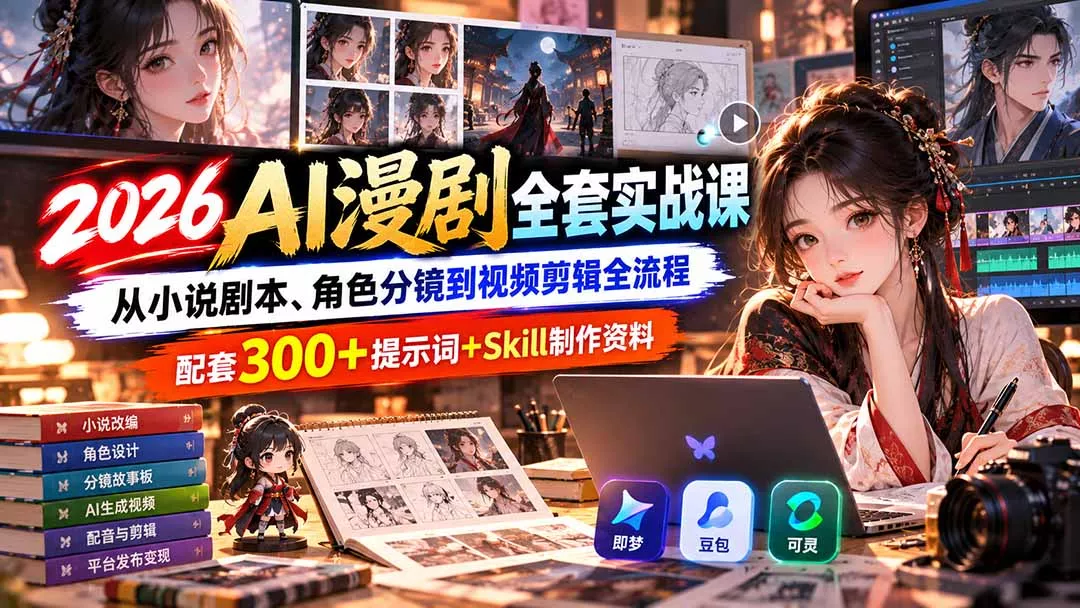 【无水印】2026AI漫剧全套实战课：从小说剧本、角色分镜到视频剪辑全流程，配套300+提示词+Skill制作资料-易创网