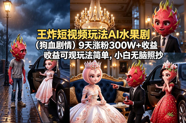 王炸短视频玩法AI水果剧(狗血剧情)9天涨粉300W+收益可观玩法简单，小白无脑照抄，详细拆解玩法-易创网