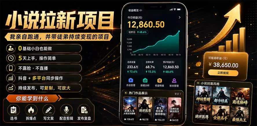 抖音及多平台小说拉新项目：我亲自跑通并持续带徒弟实操｜0基础小白5天上手快速变现-易创网