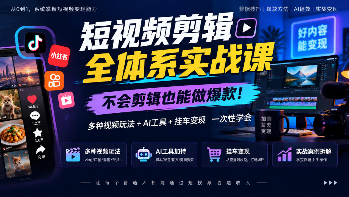 短视频剪辑全体系实战课，不会剪辑也能做爆款，多种视频玩法+AI工具+挂车变现一次性学-易创网