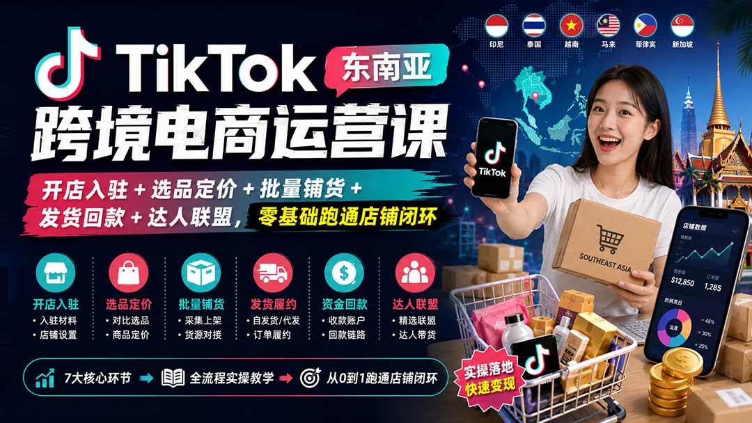 （20059期）TikTok东南亚跨境电商运营课：开店入驻+选品定价+批量铺货+发货回款+达人联盟，零基础跑通店铺闭环-易创网