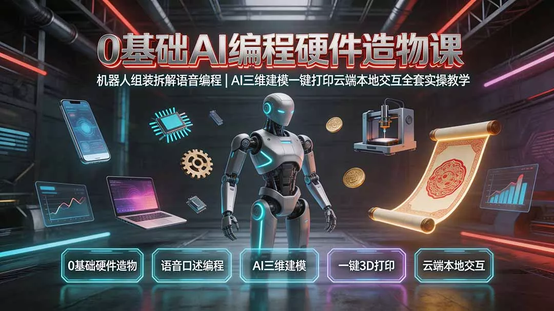 0基础AI编程硬件造物课｜机器人组装拆解语音编程，AI三维建模一键打印云端本地交互全套实操教学-易创网