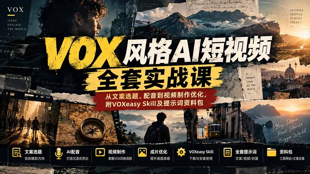 【无水印】VOX风格AI短视频全套实战课：从文案选题、配音到视频制作优化，附VOXeasy Skill及提示词资料包-易创网
